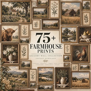 Peut inclure: Une collection de plus de 75 impressions de ferme présentant des paysages, des illustrations botaniques, des animaux et des natures mortes rustiques dans divers cadres. Le texte central indique 75+ FARMHOUSE PRINTS GALLERY WALL COLLECTION.