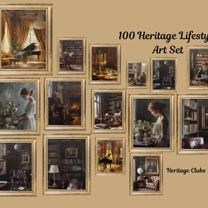 May include: A collection of thirteen framed art prints titled 100 Heritage Lifestyle Art Set and Heritage Clubs. The prints feature interior scenes with libraries, pianos, and figures in period clothing, all enclosed in matching gold-toned frames.
