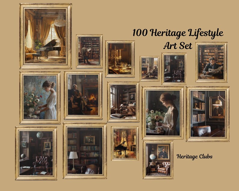 May include: A collection of thirteen framed art prints titled 100 Heritage Lifestyle Art Set and Heritage Clubs. The prints feature interior scenes with libraries, pianos, and figures in period clothing, all enclosed in matching gold-toned frames.