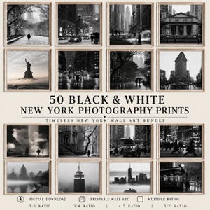 Może przedstawiać: Kolekcja 50 czarno-białych odbitek fotograficznych Nowego Jorku w jasnych drewnianych ramach. Centralny tekst brzmi 50 BLACK & WHITE NEW YORK PHOTOGRAPHY PRINTS oraz TIMELESS NEW YORK WALL ART BUNDLE, wraz z ikonami pobierania.