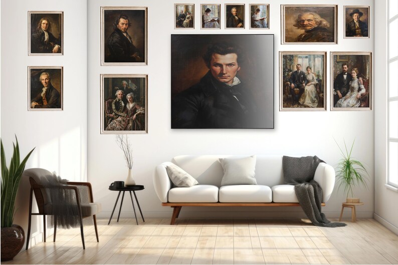 May include: A gallery wall arrangement featuring a large central portrait of a person in a dark coat, surrounded by ten smaller framed portraits and group paintings of individuals in historical attire, displayed above a white sofa with a gray throw.