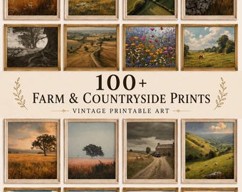 Può includere: Una collezione di oltre 100 stampe di fattorie e campagne con vari paesaggi, campi, prati e scene rurali in cornici di legno. Il testo 100+ FARM & COUNTRYSIDE PRINTS VINTAGE PRINTABLE ART è centrato tra le immagini.