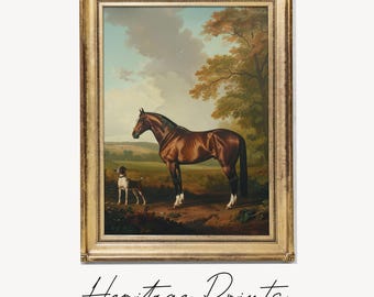 Stampa vintage di cavalli e cani: arte equestre in fattoria (download digitale)