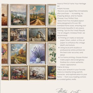 May include: A collection of framed landscape and still life paintings featuring rural scenes, floral arrangements, and kitchen interiors. The text includes HERITAGE PRINTS and HOW TO PRINT & FRAME YOUR ART, providing instructions for digital file usage.
