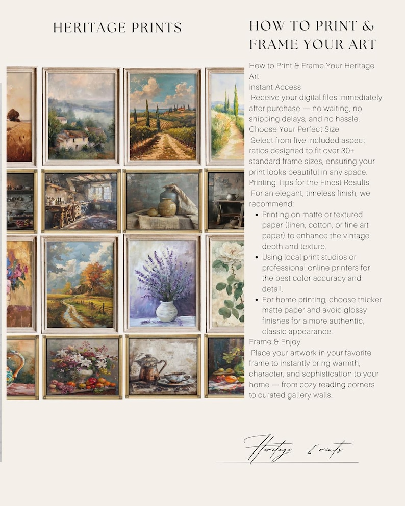 May include: A collection of framed landscape and still life paintings featuring rural scenes, floral arrangements, and kitchen interiors. The text includes HERITAGE PRINTS and HOW TO PRINT & FRAME YOUR ART, providing instructions for digital file usage.