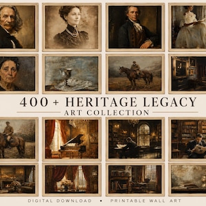 May include: A digital collection of 400+ Heritage Legacy art prints featuring various oil-style paintings of portraits, interior scenes, landscapes, and still life subjects, all presented in a grid layout with the text 400+ Heritage Legacy Art Collection.