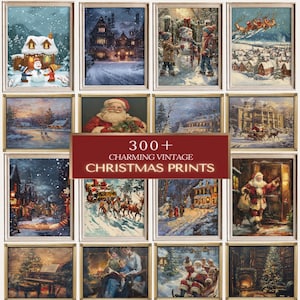 May include: A collection of framed vintage Christmas prints. The prints depict winter scenes with snow-covered houses, Santa Claus, and children. The text on the image reads "300+ Charming Vintage Christmas Prints."
