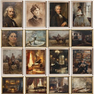 May include: A collection of sixteen framed oil paintings arranged in a grid. The artwork features various subjects including portraits of individuals, a horse and rider, a silver chalice, a grand piano in a room, and interior library scenes.