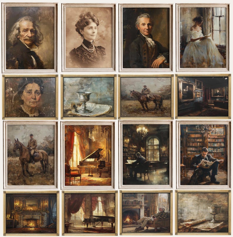May include: A collection of sixteen framed oil paintings arranged in a grid. The artwork features various subjects including portraits of individuals, a horse and rider, a silver chalice, a grand piano in a room, and interior library scenes.