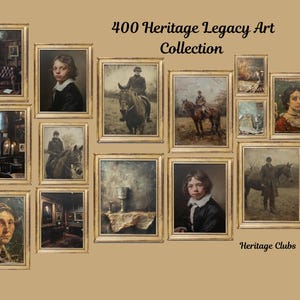 May include: A collection of framed art prints titled 400 Heritage Legacy Art Collection and Heritage Clubs. The set includes various portraits of people, equestrian scenes, still life images of goblets, and interior room views in gold frames.