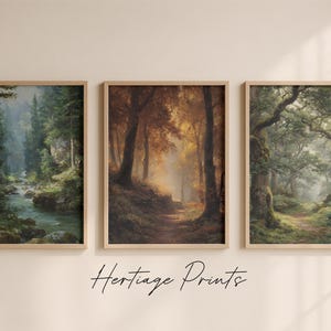 Puede incluir: Tres láminas rectangulares en marcos de madera clara. La de la izquierda muestra un arroyo forestal, la central un sendero otoñal dorado y la de la derecha un bosque verde. Debajo aparece el texto Heritage Prints en letras cursivas.