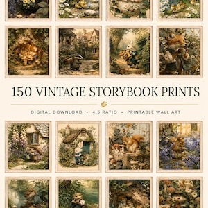 Pode incluir: Uma coleção de 150 impressões de livros de histórias vintage como arte de parede digital para download. As imagens mostram animais antropomórficos em ambientes florestais, incluindo texugos, coelhos, patos e esquilos, com o texto 150 VINTAGE STORYBOOK PRINTS.