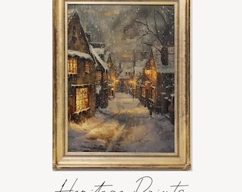 Vintage Winterdorf Druck, Verschneite Weihnachtsstadt Kunst (Digitaler Download)