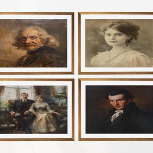 May include: A set of four framed wall art prints featuring classic oil-style portraits. The collection includes an elderly person, a person wearing a pearl necklace, a seated couple, and a person in a dark coat, all encased in matching wood frames.