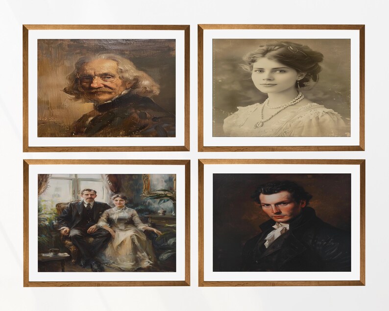 May include: A set of four framed wall art prints featuring classic oil-style portraits. The collection includes an elderly person, a person wearing a pearl necklace, a seated couple, and a person in a dark coat, all encased in matching wood frames.