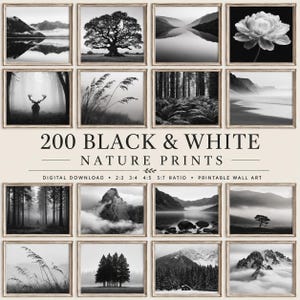 May include: A collection of 200 black and white nature prints featuring landscapes, forests, mountains, a deer, a flower, and trees. The text reads 200 BLACK & WHITE NATURE PRINTS, DIGITAL DOWNLOAD, 2:3 3:4 4:5 5:7 RATIO, PRINTABLE WALL ART.