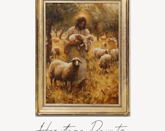 Impression d'art Bon Pasteur : Jésus avec des moutons, style peinture à l'huile (téléchargement numérique)