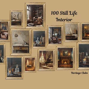 May include: A collection of twelve framed art prints featuring still life and interior scenes with dark, moody tones, gold frames, and the text 100 Still Life Interior Heritage Clubs. The images depict libraries, fireplaces, pianos, and glassware.