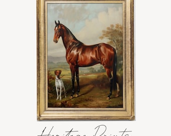 Stampa vintage di cavalli e cani: arte equestre in fattoria (download digitale)