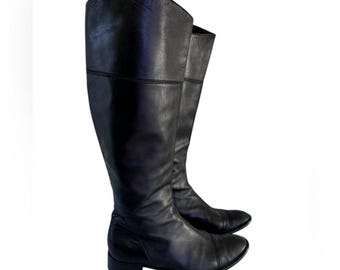 Vintage Galo Italien Damen Schwarz Leder Knie Hoch Reitstiefel Low Heel EU 38.5