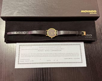 Vintage Movado Swiss Museum Zifferblatt goldfarbene Damenuhr mit Box und Garantiekarte