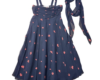 Vintage 1970s Nipon Boutique Women's Navy Red Polka Dot Midi Dress Size 2