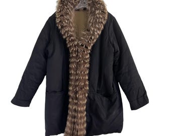Vintage Yves Saint Laurent Rive Gauche Damen Schwarzer Parka-Mantel mit Echtpelzbesatz Größe L-XL