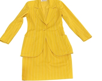 Vintage Emanuel Ungaro Womens Yellow Pinstripe Skirt Suit Set Italy Size S