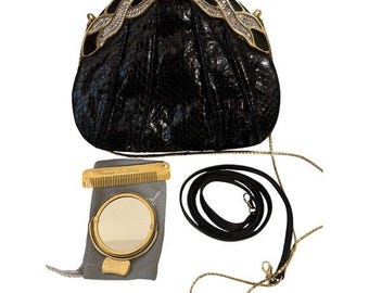 Vintage Finesse La Model Schwarze Schlangenhaut Strass Cabrio Clutch Handtasche
