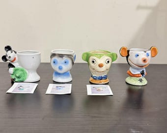 Vintage Made in Japan Anthropomorphic Animal Egg Cups Set of 4 Mouse Dog Novelty Holders