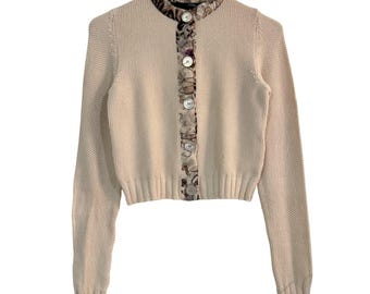 Vintage Les Copains Italy Damen Cremefarbene Strickjacke Seidenborte 90er Jahre Größe IT 42
