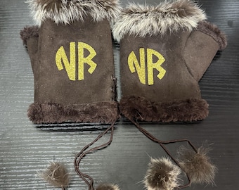 Vintage Brown Suede Fingerless Gloves Faux Fur Pom Pom Tie Womens Winter Mittens