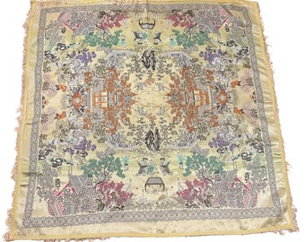 Vintage Chinese Oriental Reversible Jacquard Tapestry Tablecloth Wall Hanging 36x36