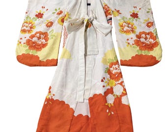 Vintage Japanese Girls White Orange Floral Silk Kimono Robe w Obi Shichi-Go-San