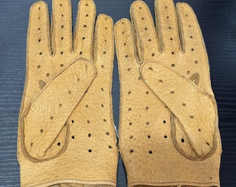 Guantes de conducción de cuero marrón vintage con perforaciones de piel de ciervo, guantes clásicos para auto, 7