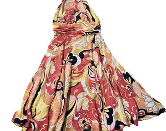 Barami Women's Multicolor 100% Silk Halter Fit Flare Midi Dress Size 8