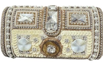 Vintage Falah Beaded Womens Clutch Gold Pearl Rhinestone Evening Mini Bag