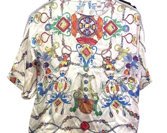 Camicetta vintage in seta Vera Moda con stampa barocca e spalle decorate con perline, taglia 38 M #4b