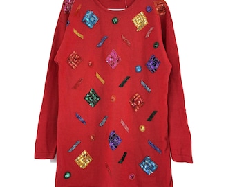 Maglione vintage da donna con paillettes rosse e perline Victoria Harbour, anni '80 e '90, taglia M