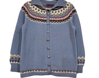 Vintage Norsk Husflid Handgestrickter Norweger Wolle Fair Isle Cardigan Pullover Größe M