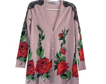 Blumarine Italien Pink Rose Print Y2k Strickjacke Spitze Schulter Detail Knopfleiste M