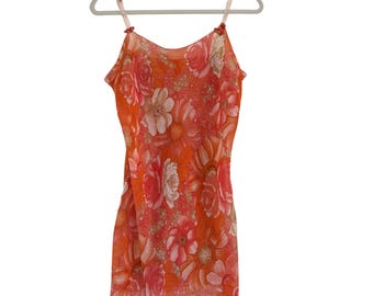 Josie by Natori Y2K Floral Chiffon Slip Dress Sheer Pink Orange Romantisch Gr. S