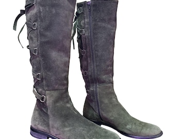 Vintage Suarez Italien Damen Olivgrün Wildleder Kniehohe Schnürstiefel Seitlicher Reißverschluss 8