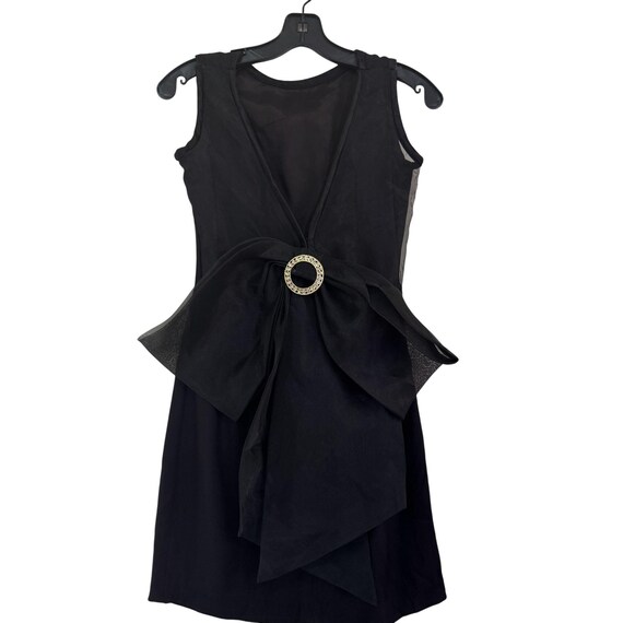 Vintage J.R. Nites Black Formal Dress Sheer Back Organza Bow & Rhinestone Buckle