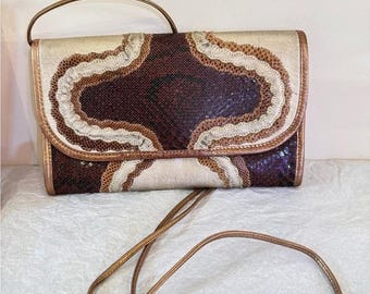 Vintage Carlos Falchi Genuine Snakeskin Clutch Metallic Gold Brown Shoulder Bag