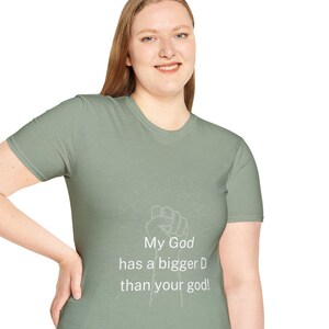 Spiritual Satire T-Shirt - &#39;My God&#39;s D is Bigger&#39; Statement Tee, Bold Religious Humor Top, Sarcastic Meme T Shirt by The Sacred Profane Co.