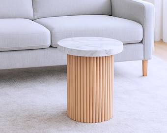 Round Coffee Table, Solid Wood Table, Modern Design Side Table, Handmade Furniture with Recycled Materials 50 x 40 x 40 cm