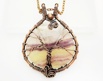 008 Fluorite Sleeping Tree of Life Copper Wire Wrapped Pendant with Chain