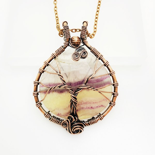 008 Fluorite Sleeping Tree of Life Copper Wire Wrapped Pendant with Chain