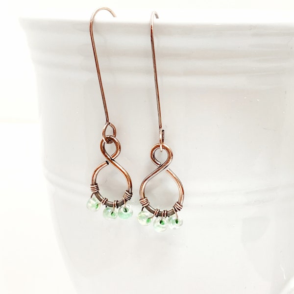 043 Copper Wire Wrapped Glass Bead Dangle Earrings